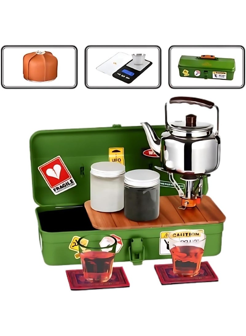 BlueFire Green Portable Camping Tea Set with Mini Gas Stove – Outdoor Tea Kit with Camping Kettle & 4 Cups | Travel & Picnic Tea Set | Compact Camping Cookware Set for Outdoor Cooking | Ideal Portable Tea Set for Camping, Hiking & Desert Trips - Image 1