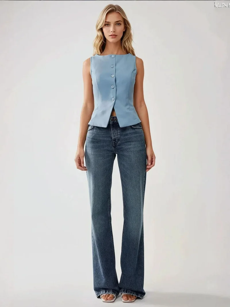 HICCUP Fitted Crew Neck Sleeveless Waistcoat with Button Detail