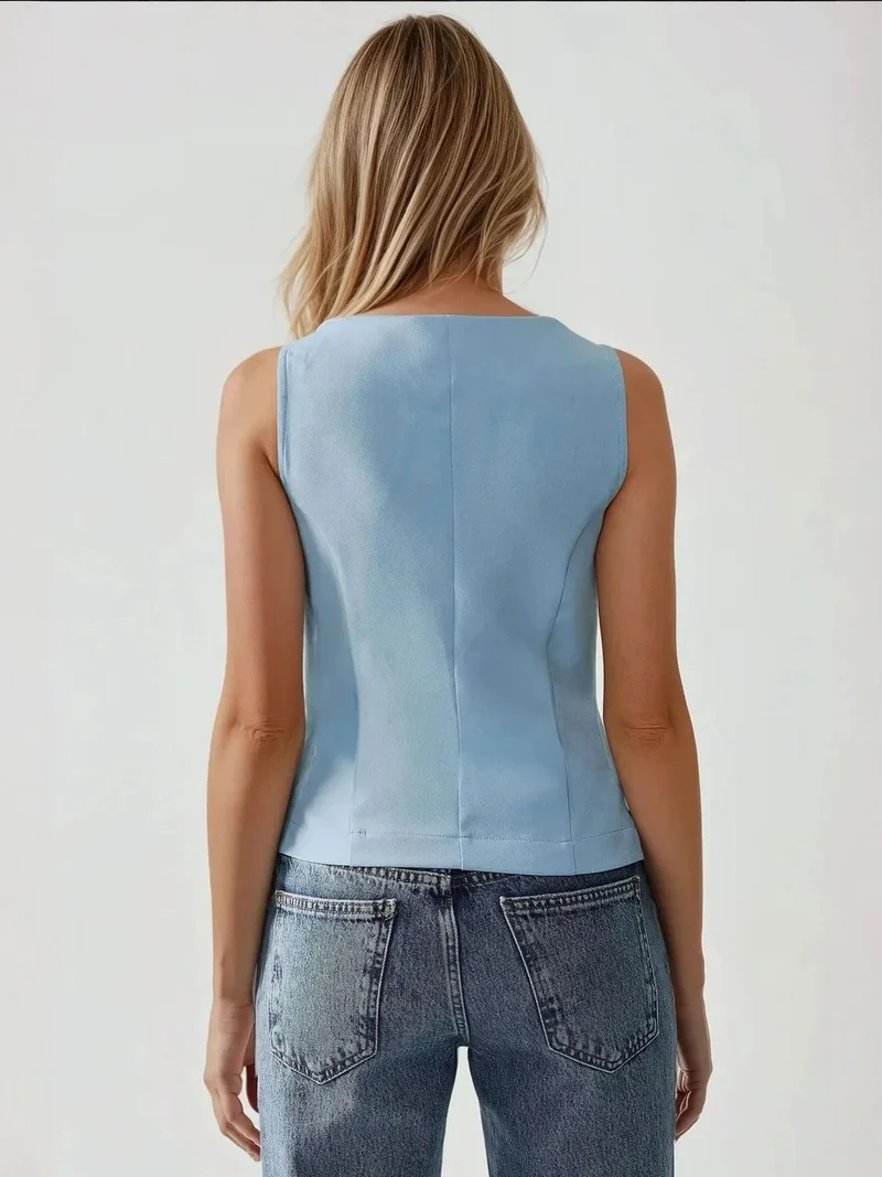 HICCUP Fitted Crew Neck Sleeveless Waistcoat with Button Detail