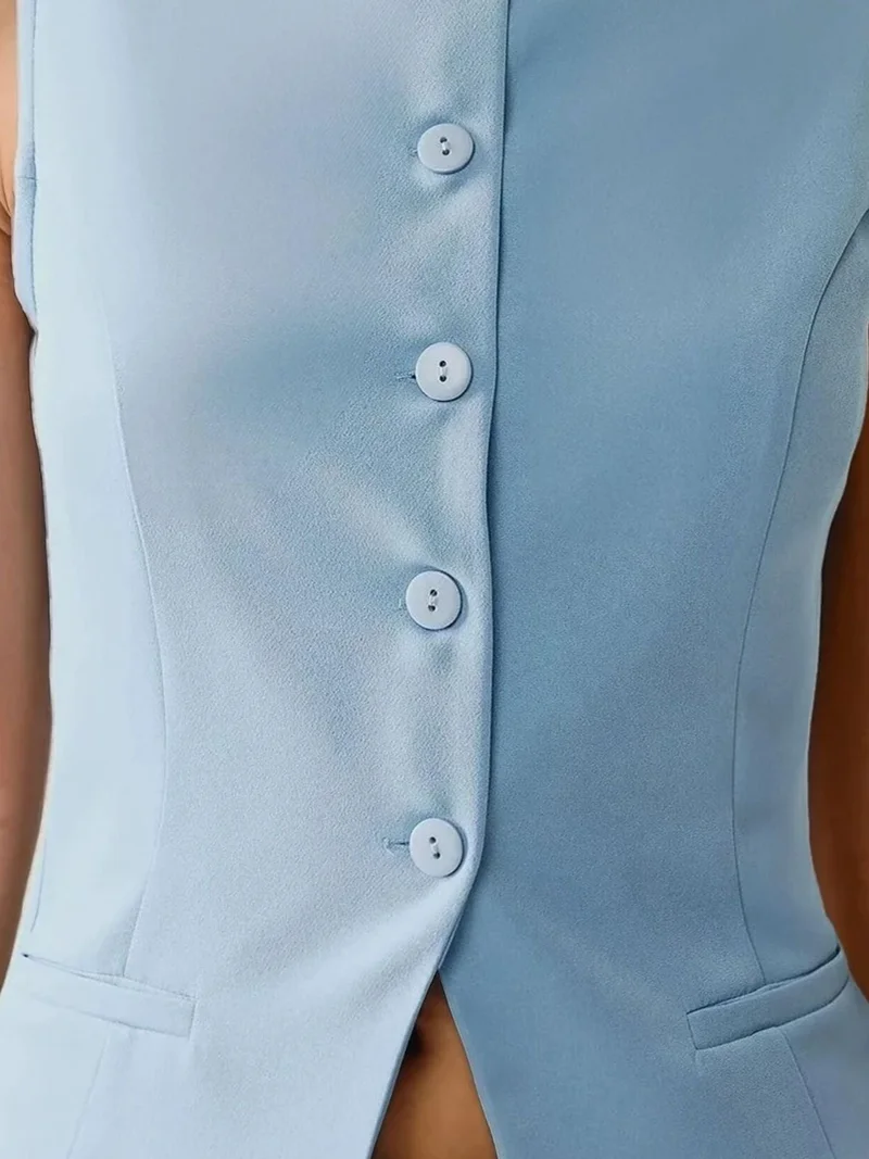HICCUP Fitted Crew Neck Sleeveless Waistcoat with Button Detail