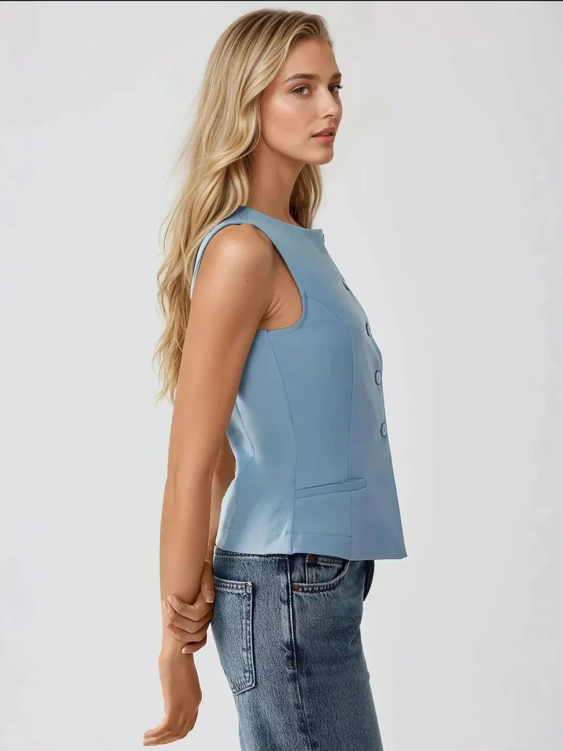 HICCUP Fitted Crew Neck Sleeveless Waistcoat with Button Detail
