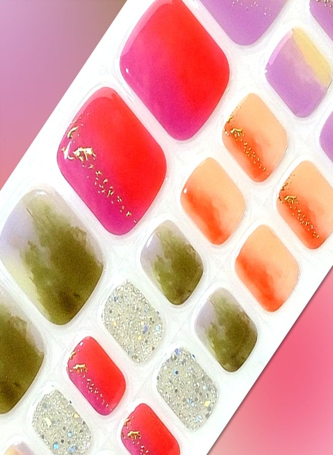 SILPECWEE Semi Cured Gel Nail Strips for Toes (Enchanting Rainbow - 32PCS), UV Light Required | Salon Quality | Long Lasting Toe Nail Stickers Gel Nails Wraps for Women Girl Manicure - Image 3