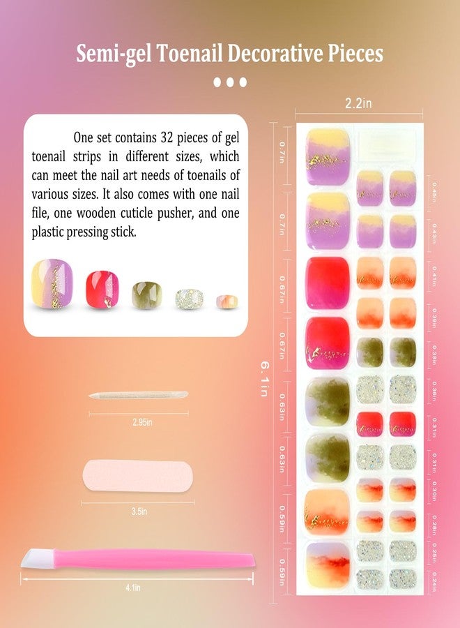 SILPECWEE Semi Cured Gel Nail Strips for Toes (Enchanting Rainbow - 32PCS), UV Light Required | Salon Quality | Long Lasting Toe Nail Stickers Gel Nails Wraps for Women Girl Manicure - Image 4