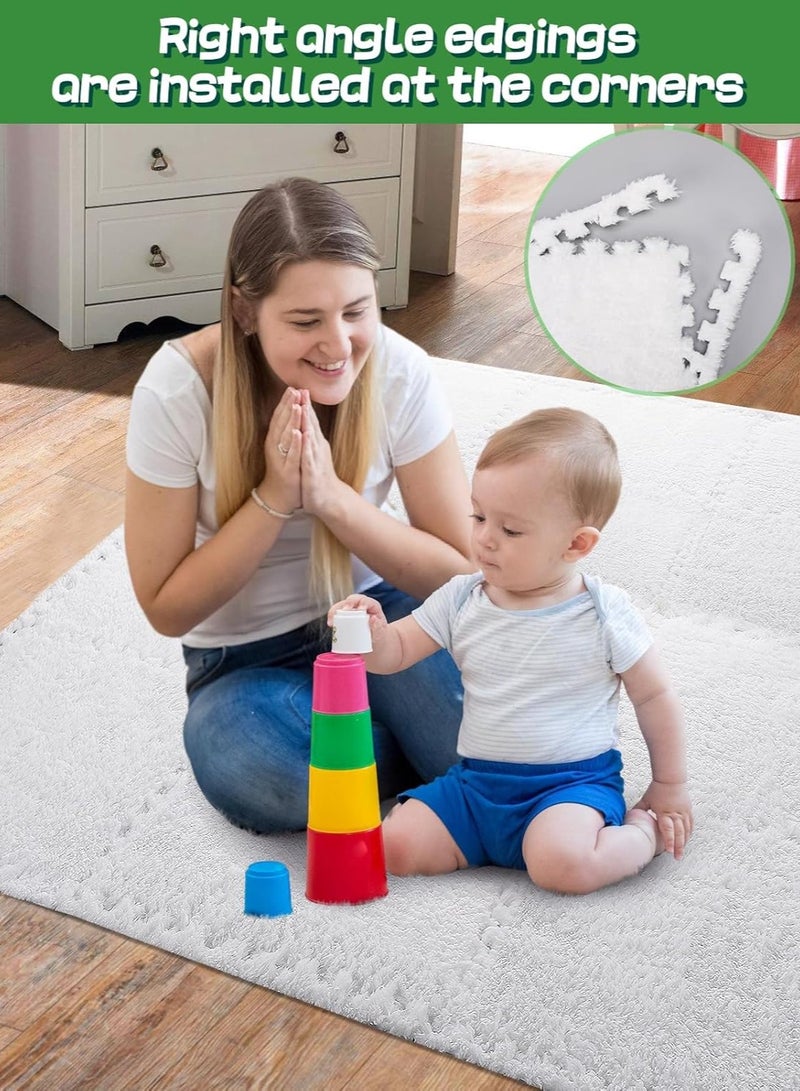 VUCATIN 12PCS Plush Foam Floor Mat for Baby Kids Thickened Interlocking Play Mat Carpet Tiles with Padding for Toddler Baby Square Soft Fluffy Tiles for Home Playroom Decoration 12" x 12" (White)  - Image 3
