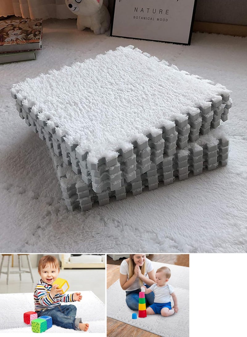 VUCATIN 12PCS Plush Foam Floor Mat for Baby Kids Thickened Interlocking Play Mat Carpet Tiles with Padding for Toddler Baby Square Soft Fluffy Tiles for Home Playroom Decoration 12" x 12" (White)  - Image 1