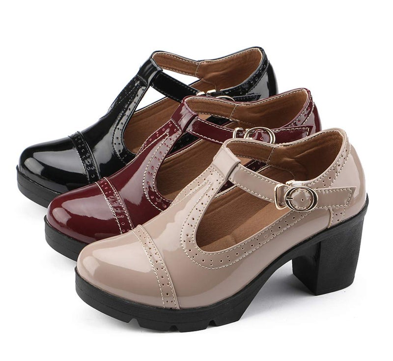 DADAWEN Women's Classic T-Strap Platform Mid-Heel Square Toe Oxfords Dress Shoes Black US Size 7.5 - Image 5