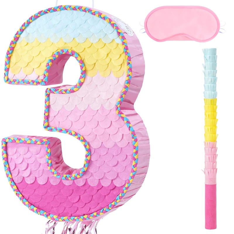 WERNNSAI Pink Sweet Three Piata Number 3 Piata Happy Birthday Decoration Pink Rainbow Design Party Games for Girl Princess Baby Shower Party Favor with Blindfold Anniversary Celebration Supplies - Image 3