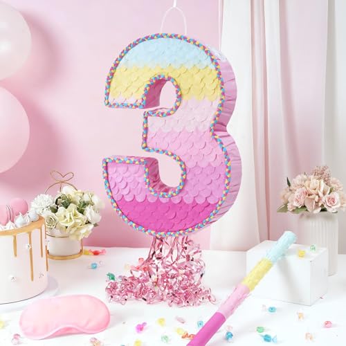 WERNNSAI Pink Sweet Three Piata Number 3 Piata Happy Birthday Decoration Pink Rainbow Design Party Games for Girl Princess Baby Shower Party Favor with Blindfold Anniversary Celebration Supplies - Image 5