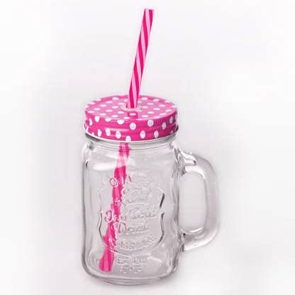 Kosh Mason Jar With Lid And Straw For Drinks, Beverages Fruit Juice Glass Airtight Frosty Jar with Handle Mason mug Jars set with Lid and Reusable Straw (Random Color, Clear, 450 ml) (6 PC) - Image 3