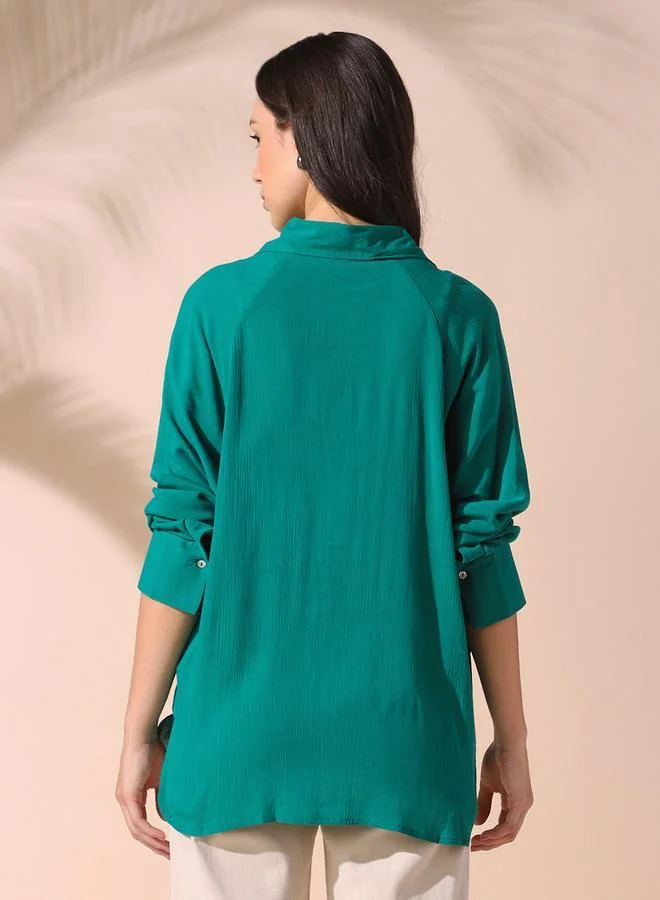 Dennis Lingo Women'S Green Rayon Solid Pattern Button Down Oversized Shirt