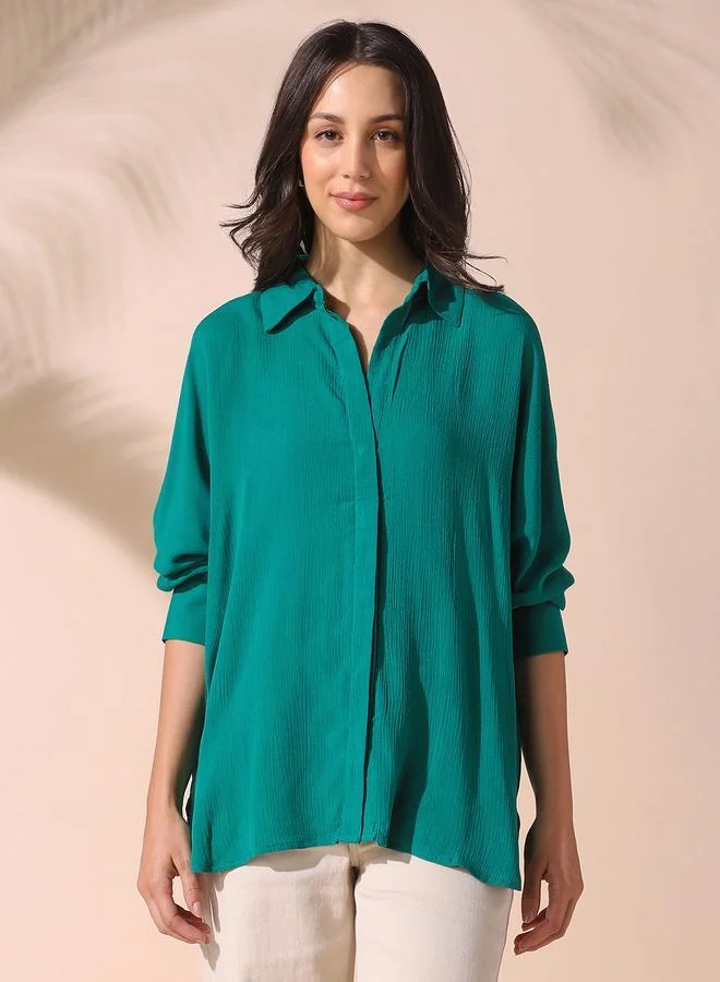 Dennis Lingo Women'S Green Rayon Solid Pattern Button Down Oversized Shirt