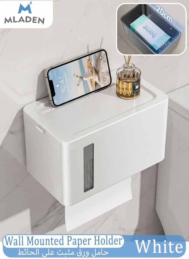 MLADEN Wall-Mounted Tissue Holder Large Waterproof Paper Organizer Dispenser, Punch-Free Self Adhesive Tissue Dispenser Bathroom Toilet Paper Case Phone Rack with storage function For Bathroom Living Room Bedroom Office White - Image 1