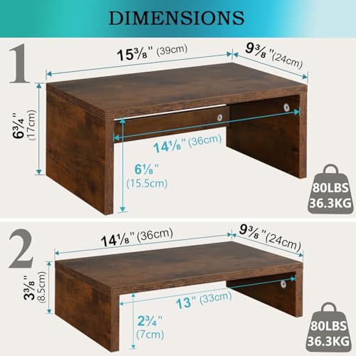 TEAMIX 2 Pack Monitor Stand Riser Rustic Brown,Wood 2 Tier Adjustable Monitor Stand Dual Monitor Riser for 2 Monitors/Laptop/PC Computer Stand Desktop Space Saver… - Image 4