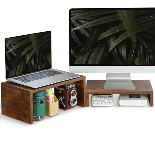TEAMIX 2 Pack Monitor Stand Riser Rustic Brown,Wood 2 Tier Adjustable Monitor Stand Dual Monitor Riser for 2 Monitors/Laptop/PC Computer Stand Desktop Space Saver… - Image 1