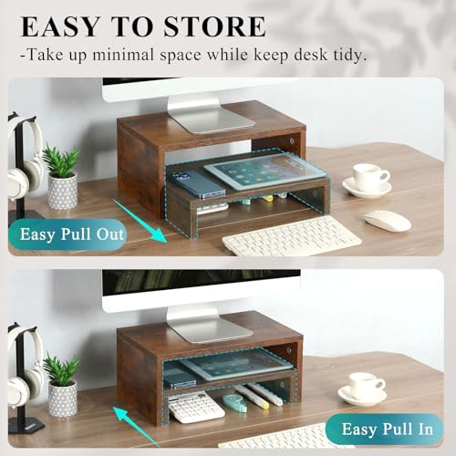 TEAMIX 2 Pack Monitor Stand Riser Rustic Brown,Wood 2 Tier Adjustable Monitor Stand Dual Monitor Riser for 2 Monitors/Laptop/PC Computer Stand Desktop Space Saver… - Image 3