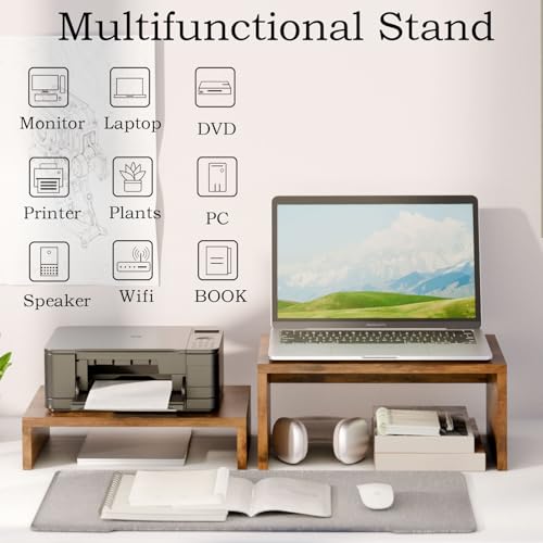 TEAMIX 2 Pack Monitor Stand Riser Rustic Brown,Wood 2 Tier Adjustable Monitor Stand Dual Monitor Riser for 2 Monitors/Laptop/PC Computer Stand Desktop Space Saver… - Image 5