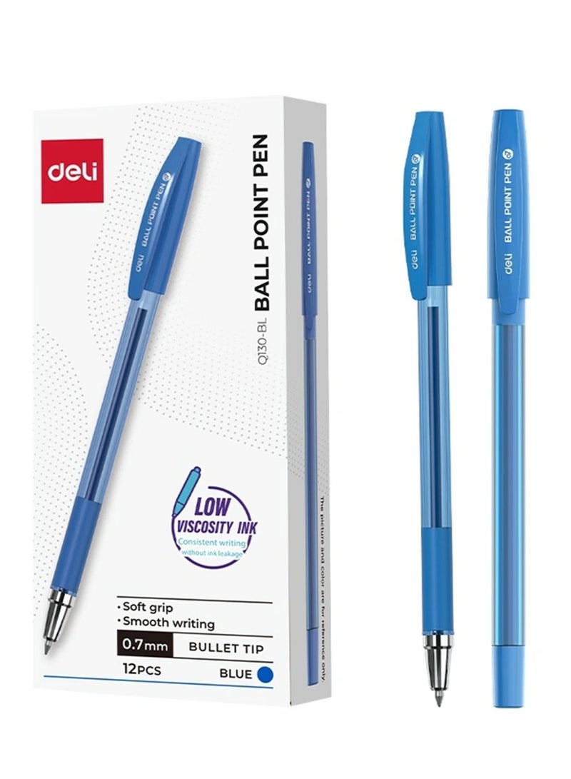Deli 12-Piece Q130 Ballpoint Pen 0.7mm Tip With Soft Grip Blue Ink - Image 1