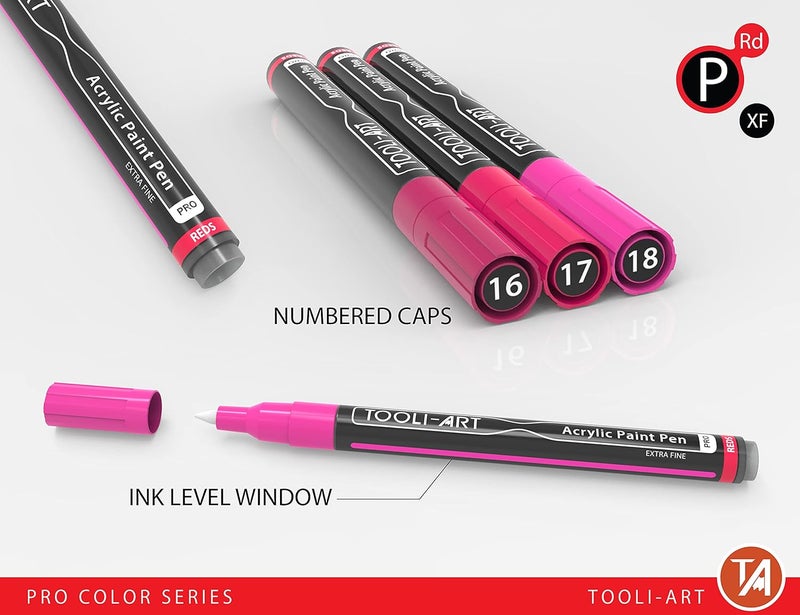 TOOLI-ART Acrylic Paint Pens 22 Red & Pink Tones Assorted Pro Color Series Markers Set 0.7mm Extra Fine Tip for Rock Painting, Glass, Mugs, Wood, Metal, Canvas, Projects, Non Toxic, Waterbased, Quick Drying - Image 3