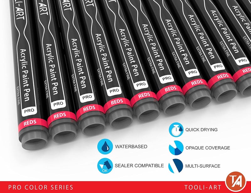 TOOLI-ART Acrylic Paint Pens 22 Red & Pink Tones Assorted Pro Color Series Markers Set 0.7mm Extra Fine Tip for Rock Painting, Glass, Mugs, Wood, Metal, Canvas, Projects, Non Toxic, Waterbased, Quick Drying - Image 4