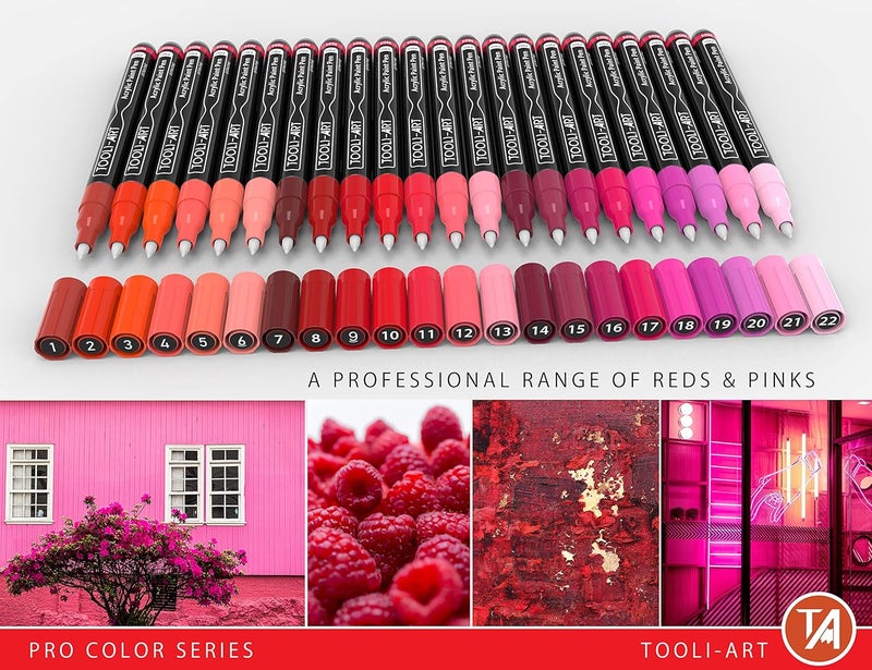 TOOLI-ART Acrylic Paint Pens 22 Red & Pink Tones Assorted Pro Color Series Markers Set 0.7mm Extra Fine Tip for Rock Painting, Glass, Mugs, Wood, Metal, Canvas, Projects, Non Toxic, Waterbased, Quick Drying - Image 2