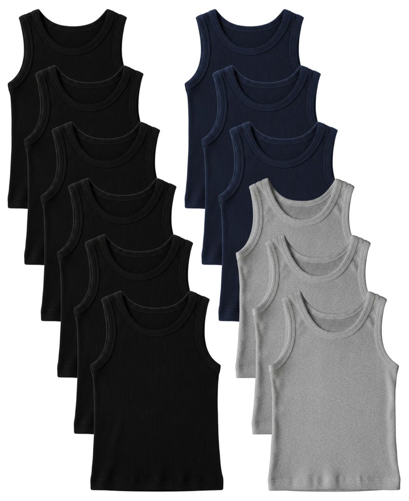 Andrew Scott Basics Boys 12 Pack Color AShirt Sport Tank Top Undershirts 12 Pack BlackGrayNavy Small