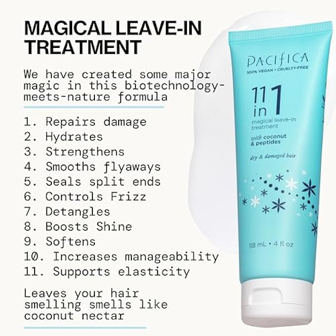 Pacifica BEAUTY 11 IN 1 MAGICAL LEAVE IN CONDITIONER TREATMENT | FRIZZ CONTROL, PLANT BASED, DETANGLING, HAIR REPAIR FORMULA | MADE WITH COCONUT WATER, 11 PEPTIDES, VITAMIN B5 | COCONUT SCENT | 4 FLOZ - Image 3