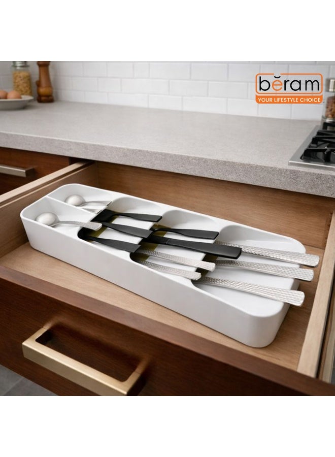بيرام منظم أدوات المائدة درج مطبخ بيرام 39.6×11×5.5 سم – حامل أدوات المطبخ الأبيض للملاعق والشوك والسكاكين، صندوق تخزين منظّم للأواني الفضية، منظم درج بلاستيكي لأدوات وأجهزة المطبخ - Image 2
