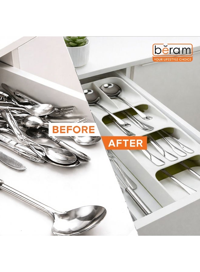 بيرام منظم أدوات المائدة درج مطبخ بيرام 39.6×11×5.5 سم – حامل أدوات المطبخ الأبيض للملاعق والشوك والسكاكين، صندوق تخزين منظّم للأواني الفضية، منظم درج بلاستيكي لأدوات وأجهزة المطبخ - Image 3