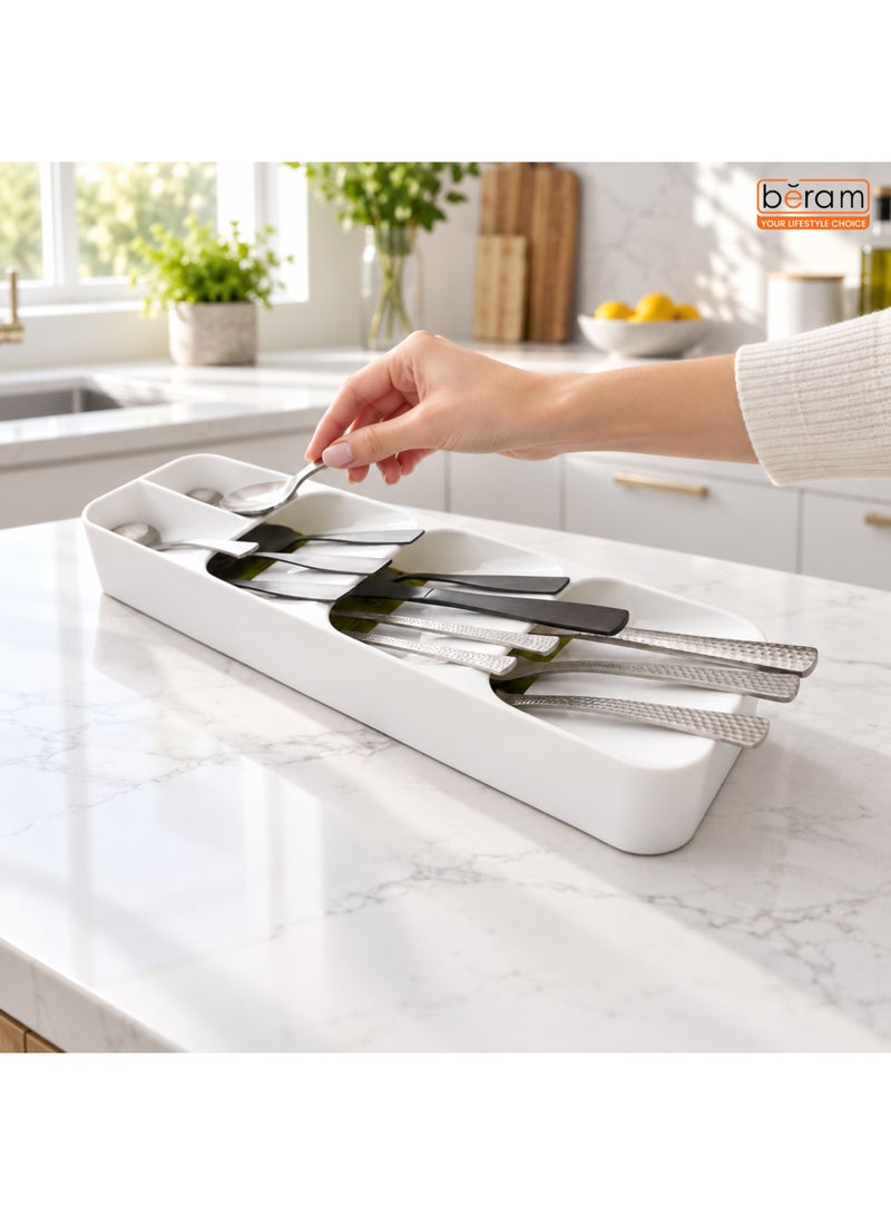 Beram Cutlery Organizer Tray for Kitchen Drawer, 39.6 × 11 × 5.5 cm Silverware Utensil Holder for Spoons Forks Knives, Compact Plastic Drawer Divider Storage Box, White - Image 5
