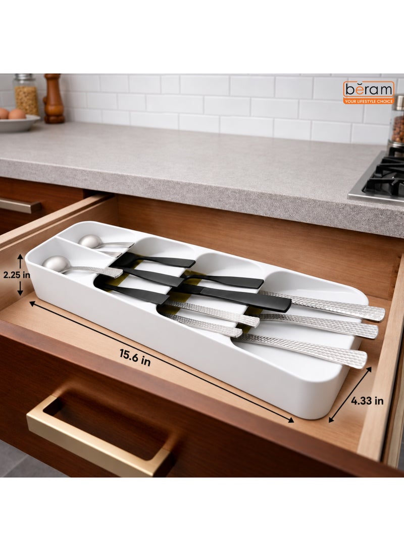 Beram Cutlery Organizer Tray for Kitchen Drawer, 39.6 × 11 × 5.5 cm Silverware Utensil Holder for Spoons Forks Knives, Compact Plastic Drawer Divider Storage Box, White - Image 3