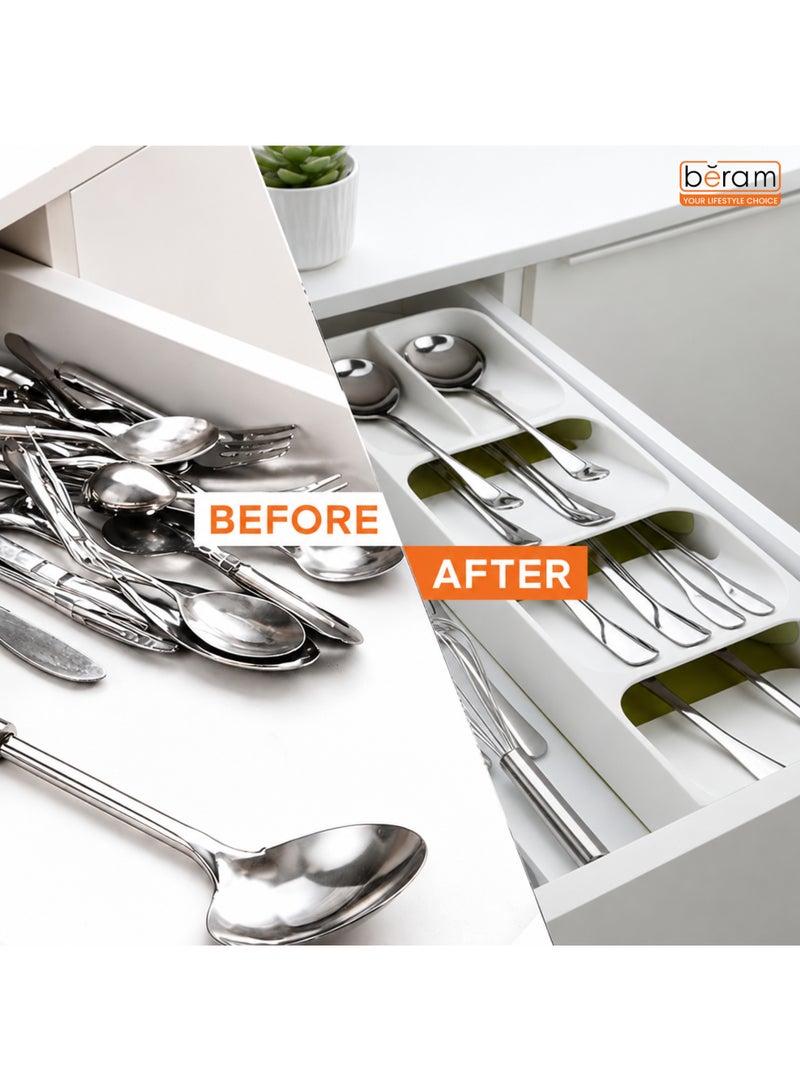 Beram Cutlery Organizer Tray for Kitchen Drawer, 39.6 × 11 × 5.5 cm Silverware Utensil Holder for Spoons Forks Knives, Compact Plastic Drawer Divider Storage Box, White - Image 4