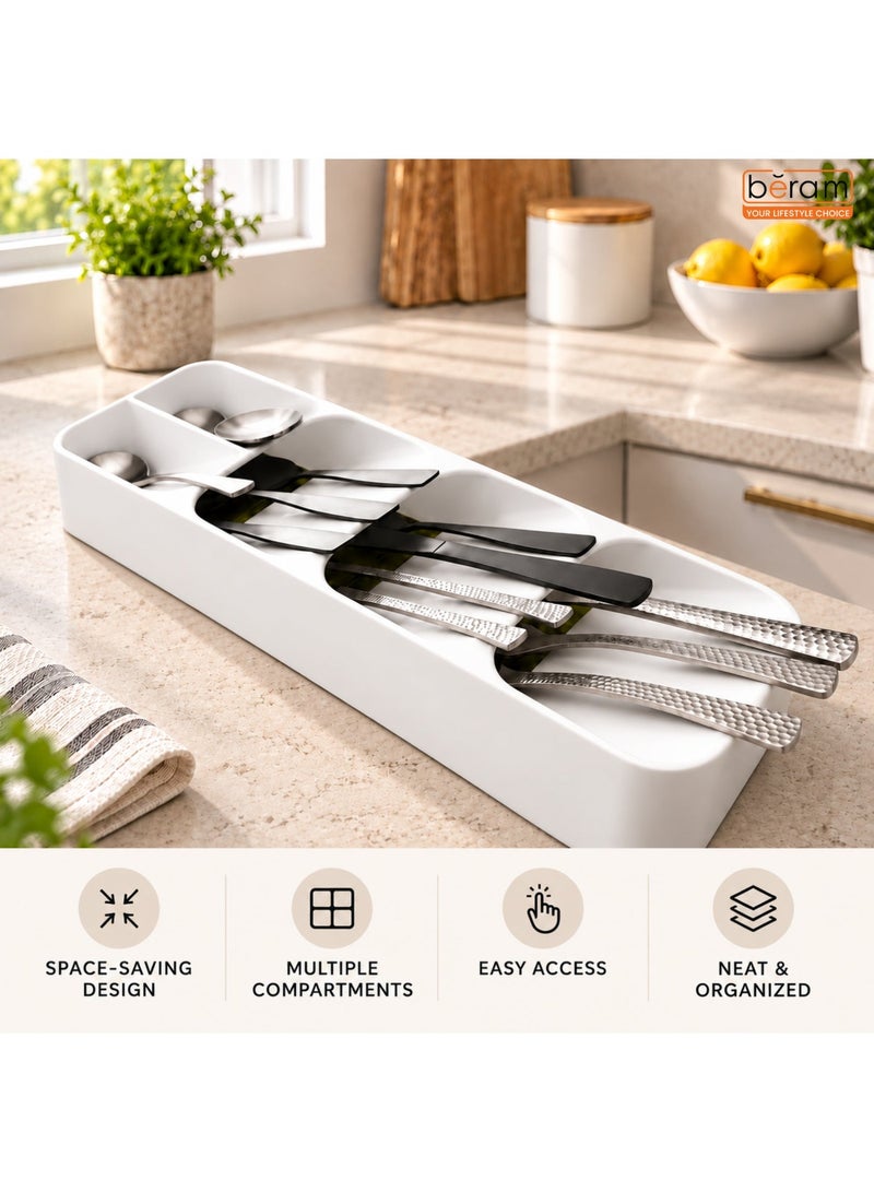 Beram Cutlery Organizer Tray for Kitchen Drawer, 39.6 × 11 × 5.5 cm Silverware Utensil Holder for Spoons Forks Knives, Compact Plastic Drawer Divider Storage Box, White - Image 2