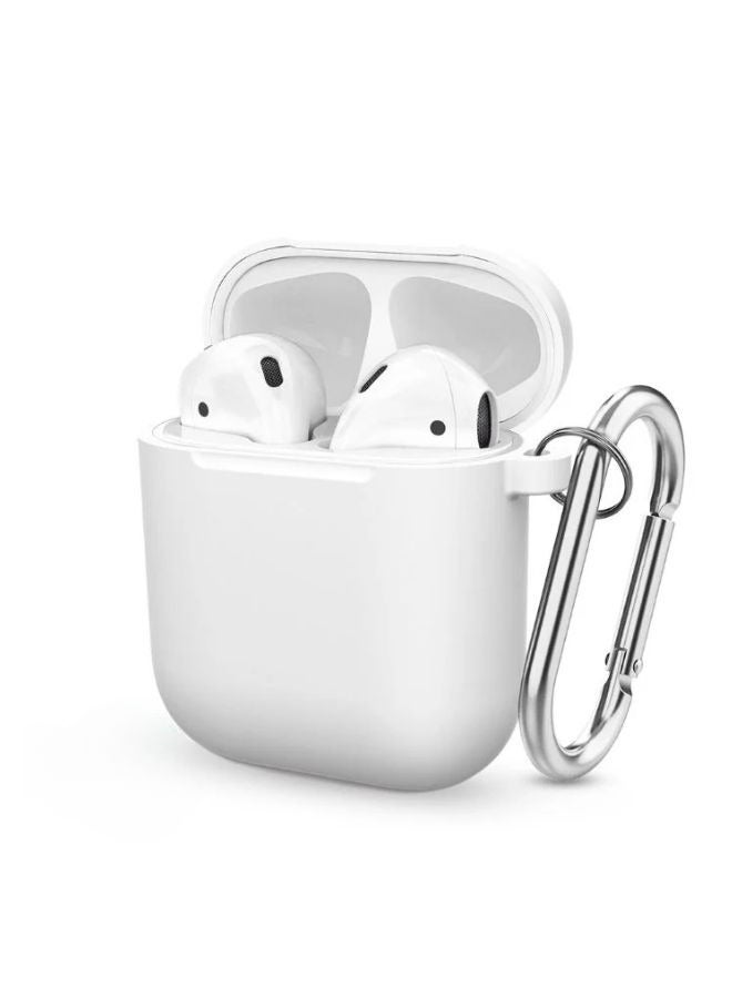 LEEKA حافظة سيليكون لأيربودز مع مشبك معدني - واقية من الصدمات، مضادة للانزلاق، مقاومة للغبار مع خطاف مفاتيح لتناسب آمن - غلاف مقاوم للخدوش، متين لأيربودز الجيل 1/2 أبيض - Image 1