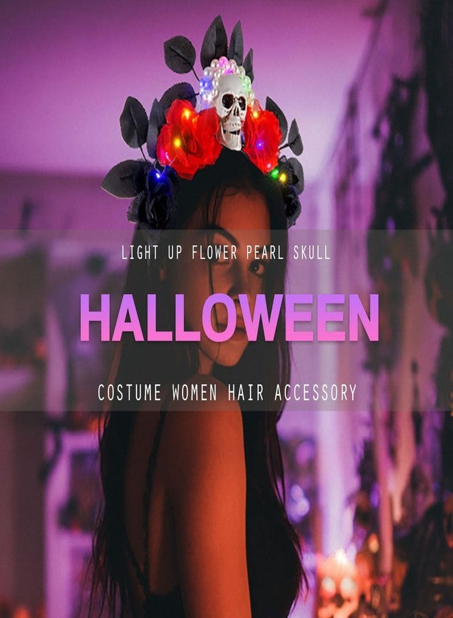 فديزاينر طوق رأس بتصميم جمجمة، تاج مضيء، طوق رأس مزين بالزهور للهالوين، طوق شعر قوطي مستوحى من يوم الموتى، طوق شعر مزين بالورود للنساء - Image 3