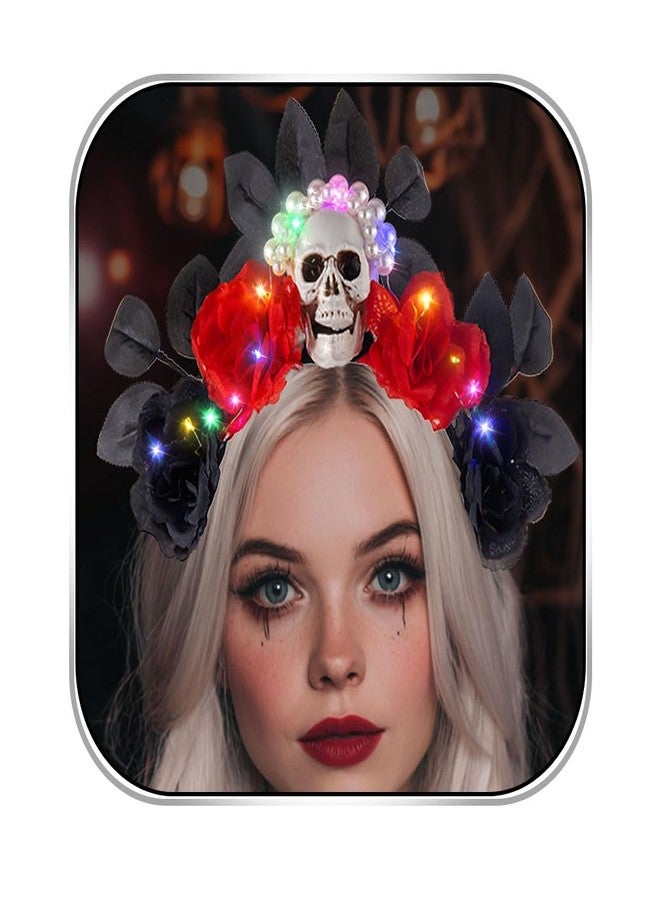 فديزاينر طوق رأس بتصميم جمجمة، تاج مضيء، طوق رأس مزين بالزهور للهالوين، طوق شعر قوطي مستوحى من يوم الموتى، طوق شعر مزين بالورود للنساء - Image 1
