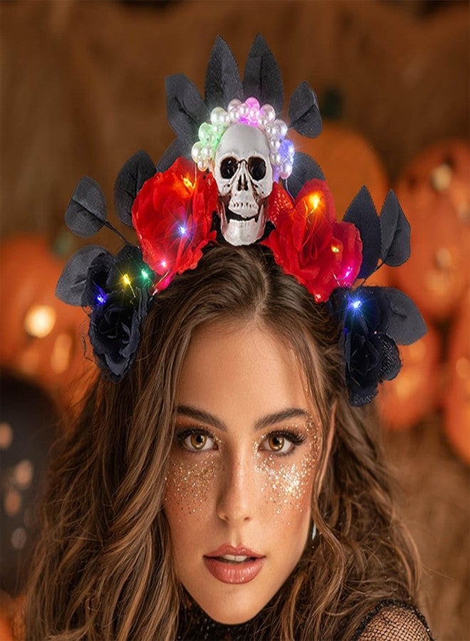 فديزاينر طوق رأس بتصميم جمجمة، تاج مضيء، طوق رأس مزين بالزهور للهالوين، طوق شعر قوطي مستوحى من يوم الموتى، طوق شعر مزين بالورود للنساء - Image 2