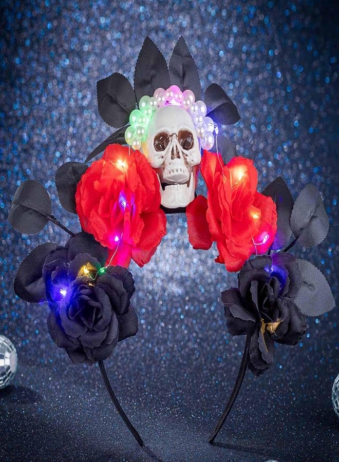 فديزاينر طوق رأس بتصميم جمجمة، تاج مضيء، طوق رأس مزين بالزهور للهالوين، طوق شعر قوطي مستوحى من يوم الموتى، طوق شعر مزين بالورود للنساء - Image 5