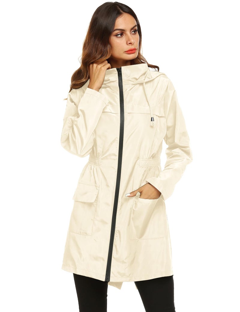 LOMON Women's Lightweight Waterproof Raincoat With Hood Long sleeve Outdoor Hiking Rain Jacket Beige XXL - Image 3