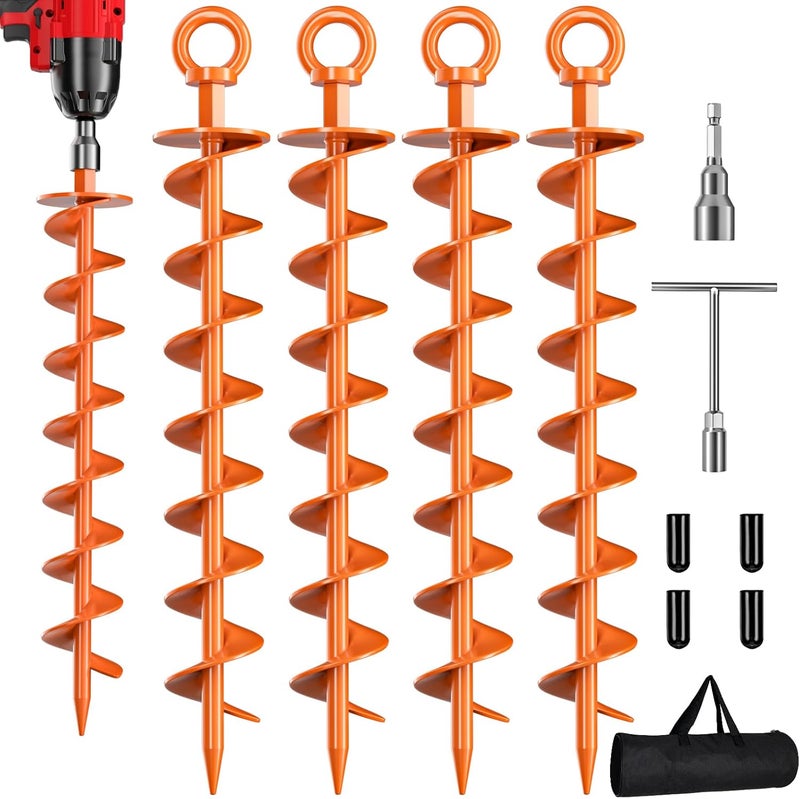 Phopich Ground Anchor Screw in, 4 Pack Spiral Trampoline Anchors with Nut and Tool Swing Set Anchors Tent Stakes High Wind Heavy Duty for Sheds, Carports, Mobile Home Orange - Image 1
