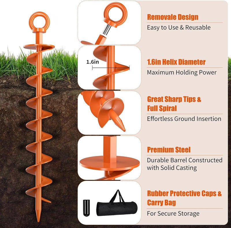 Phopich Ground Anchor Screw in, 4 Pack Spiral Trampoline Anchors with Nut and Tool Swing Set Anchors Tent Stakes High Wind Heavy Duty for Sheds, Carports, Mobile Home Orange - Image 3