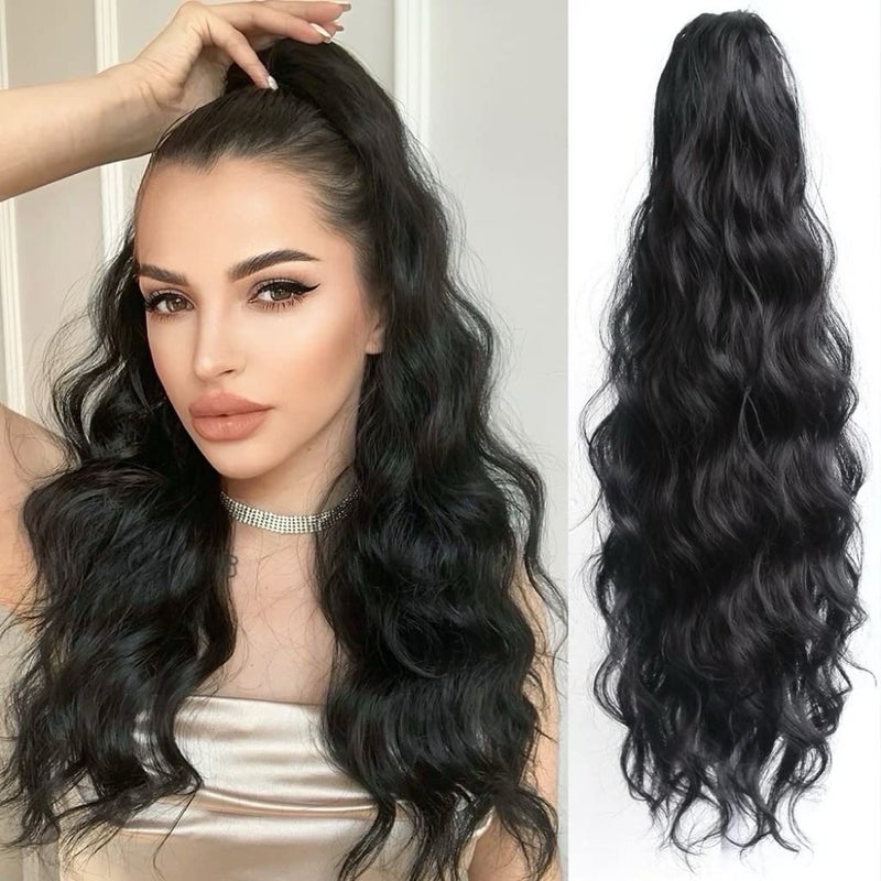 StrRid Pony Tails for Women Claw Clip Ponytail Extension Wavy 22 Synthetic Clips in Ponytails Hair Extensions Wigs Fluffy Hairpieces for Wedding Party Daily Use 6 Oz Natural Black