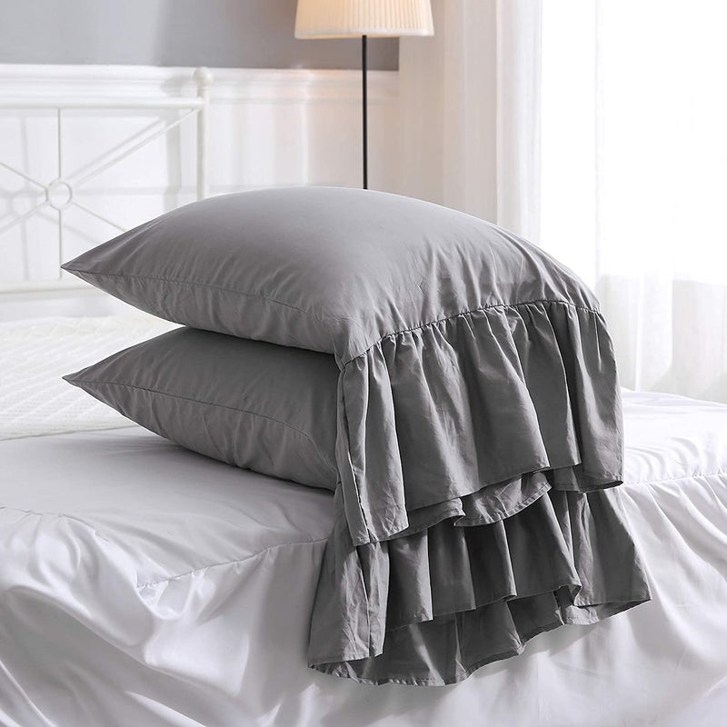 Meaning4 Gray Pillow Shams with Long Ruffles Fishtail Grey Pillow Covers PillowCases Egypt Cotton King Size 20""X36""Soft 2Pcs Boudoir - Image 3