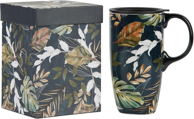 DUSVALLY Ceramic Mug Large Coffee Cup Tall Mugs Porcelain Latte Tea Cup with Lid and Color Box 17ozLeavesGifts for Mom - Image 1