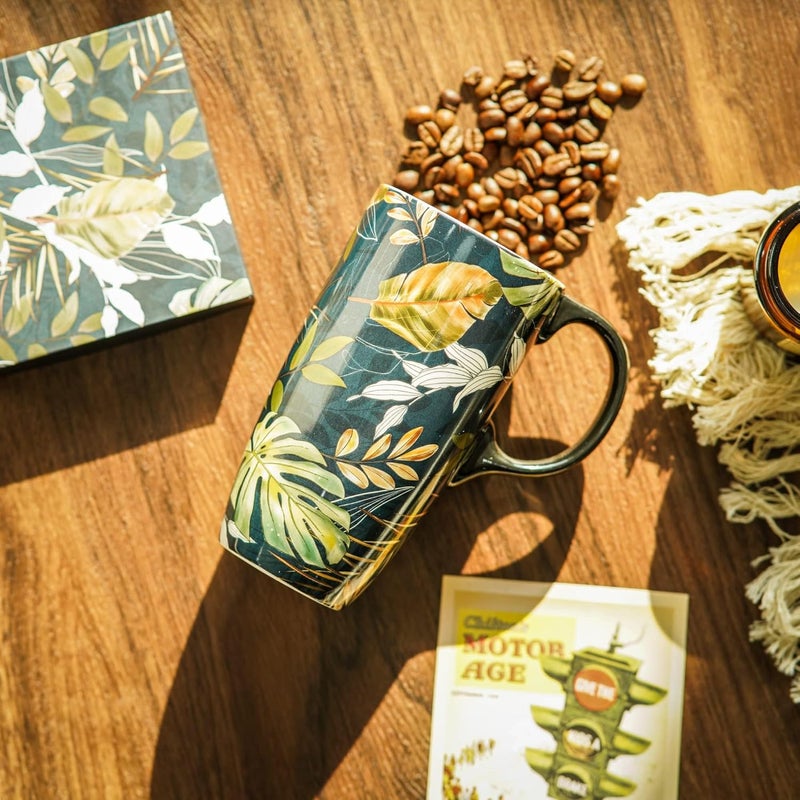 DUSVALLY Ceramic Mug Large Coffee Cup Tall Mugs Porcelain Latte Tea Cup with Lid and Color Box 17ozLeavesGifts for Mom - Image 3