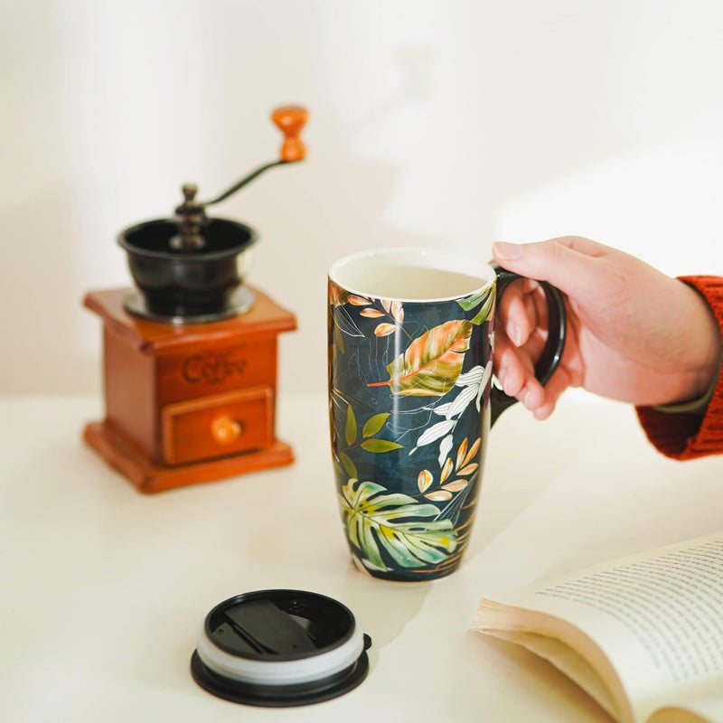 DUSVALLY Ceramic Mug Large Coffee Cup Tall Mugs Porcelain Latte Tea Cup with Lid and Color Box 17ozLeavesGifts for Mom - Image 4