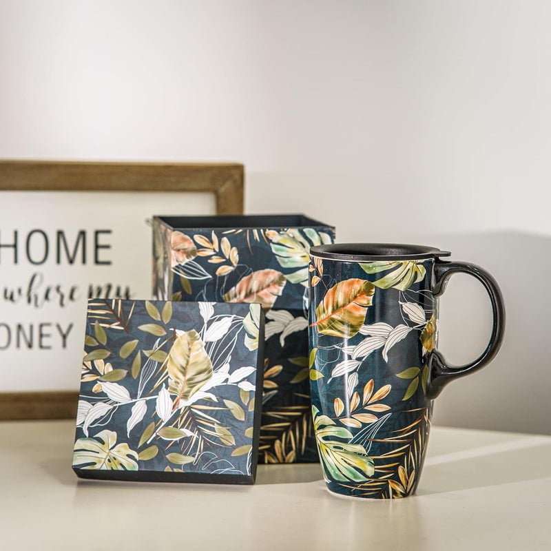 DUSVALLY Ceramic Mug Large Coffee Cup Tall Mugs Porcelain Latte Tea Cup with Lid and Color Box 17ozLeavesGifts for Mom - Image 2