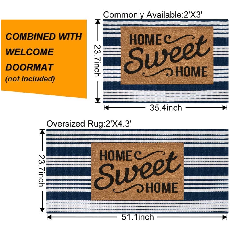 BUAGETUP Blue and White Striped Rug 24'' x 51''Outdoor Front Porch Rug Cotton Woven Machine WashableLayered Door Mats for Entryway/Bedroom/Outdoor - Image 3