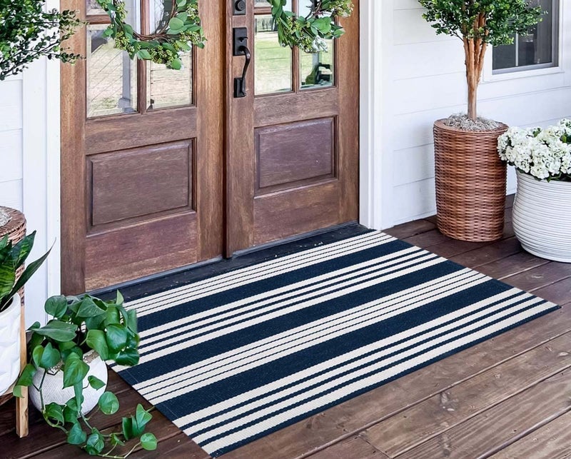 BUAGETUP Blue and White Striped Rug 24'' x 51''Outdoor Front Porch Rug Cotton Woven Machine WashableLayered Door Mats for Entryway/Bedroom/Outdoor - Image 1