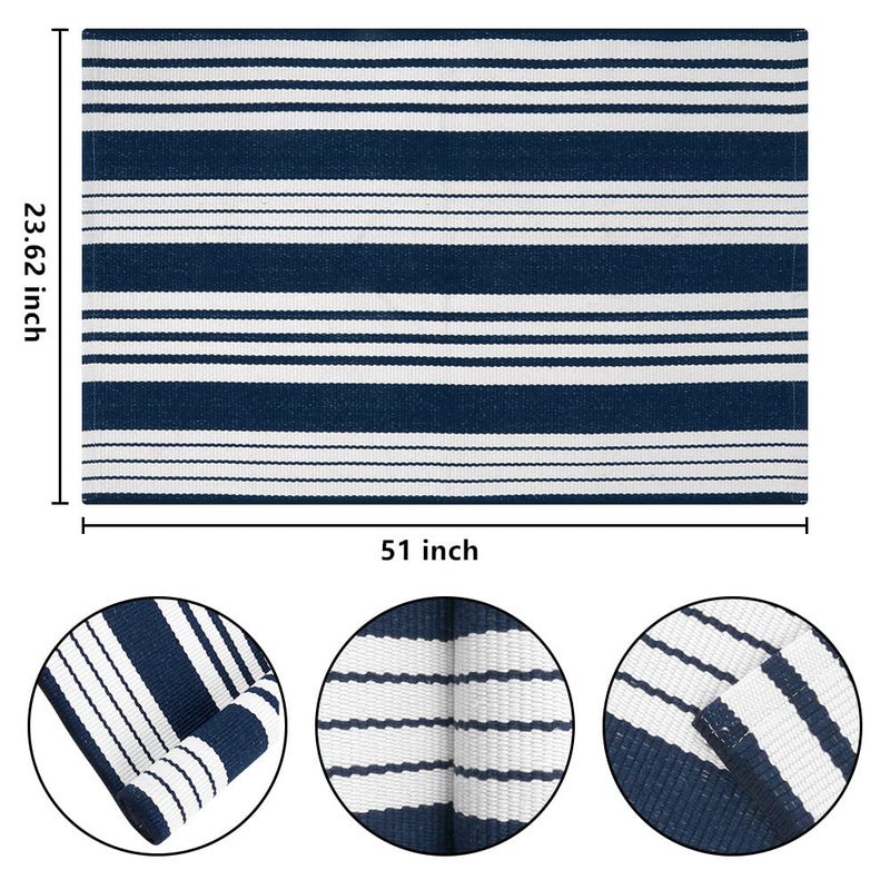 BUAGETUP Blue and White Striped Rug 24'' x 51''Outdoor Front Porch Rug Cotton Woven Machine WashableLayered Door Mats for Entryway/Bedroom/Outdoor - Image 2