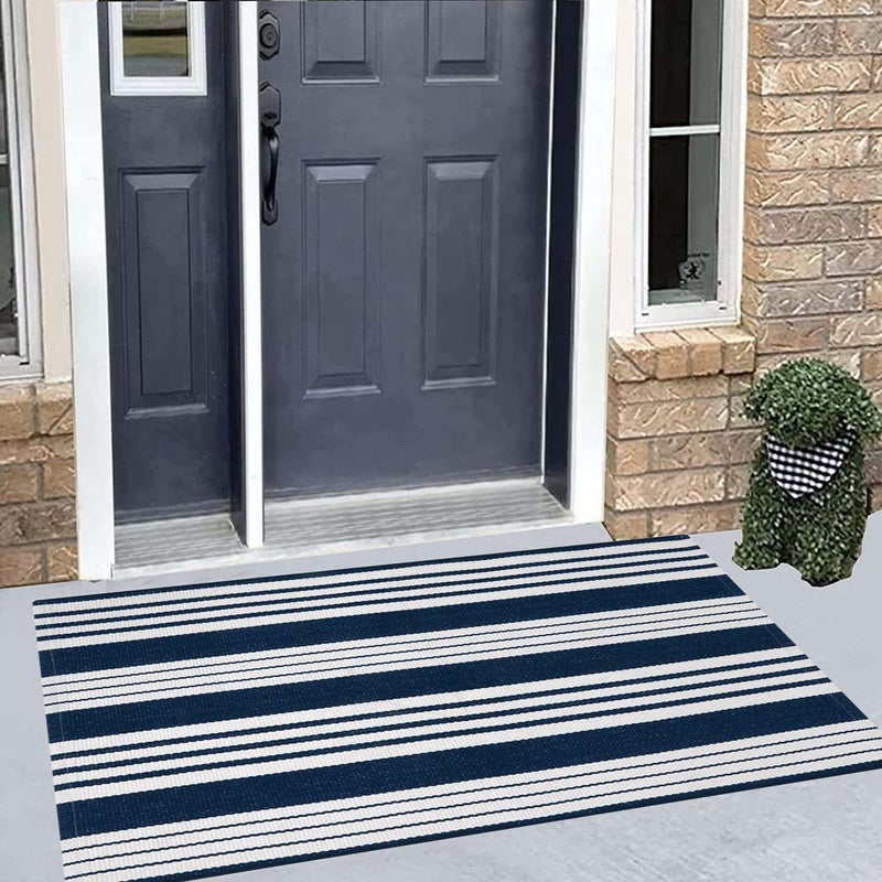 BUAGETUP Blue and White Striped Rug 24'' x 51''Outdoor Front Porch Rug Cotton Woven Machine WashableLayered Door Mats for Entryway/Bedroom/Outdoor - Image 5